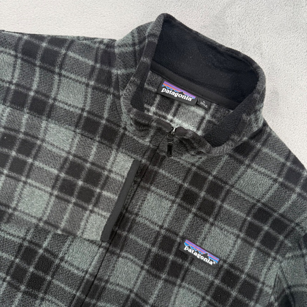 Patagonia Synchilla Full Zip Fleece Jacket Mens Grey Black Plaid Check Size L